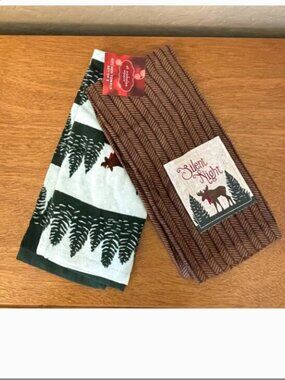 New Kitchen Towels Silent Night Trees Winter Moose Christmas Winter Set of 2